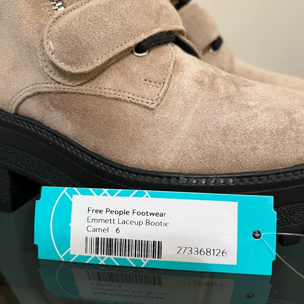 Free People Beige Latte Suede Emmett Lace Up Velcro Strap Up Boots Size 6 - Picture 10 of 10